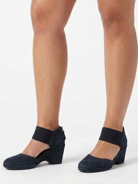 Nurture Larow Navy Blue Leather Wedge Shoes Ankle Band Size 6.5M